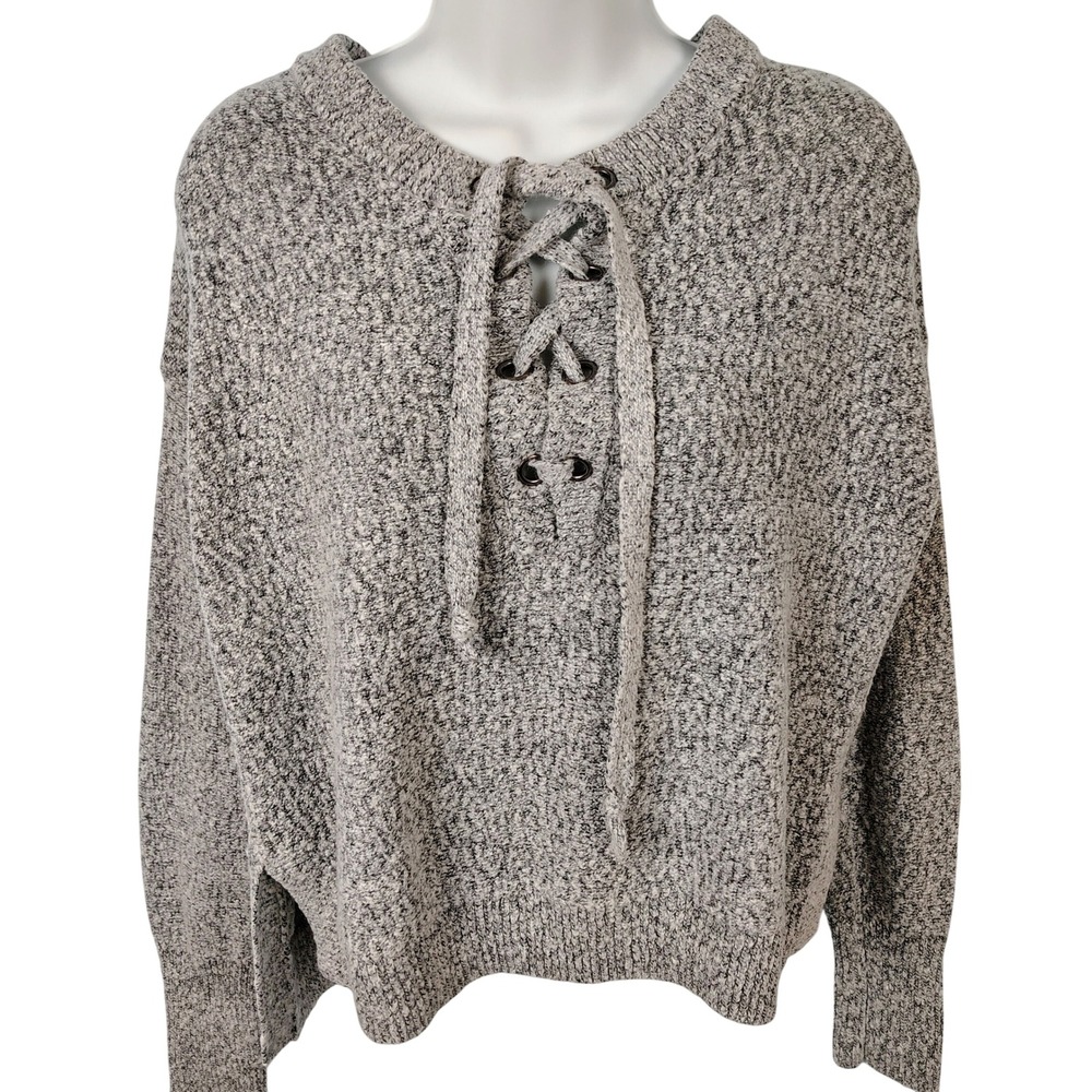 rue21 Womens M Lace Up Grommet Sweater Grey Marled Knit Cozycure Grunge y2k